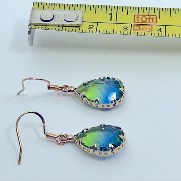 Handmade Blue Green Glass Gold Trim Teardrop Dangle Earrings - Picture 2 of 2